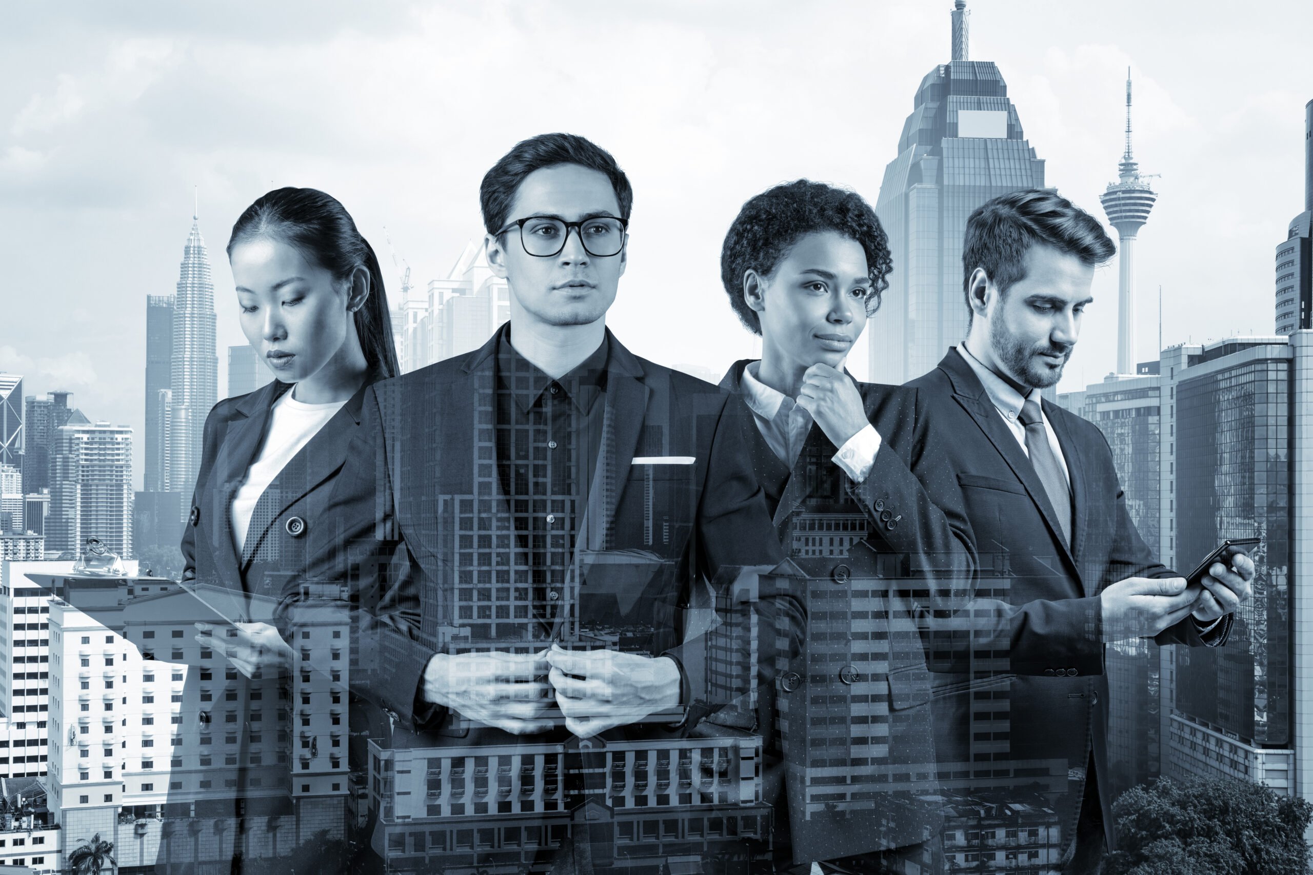 Group of four business colleagues in suits working and dreaming about new career opportunities after MBA graduation. Concept of multinational corporate team. Kuala Lumpur. Double exposure.