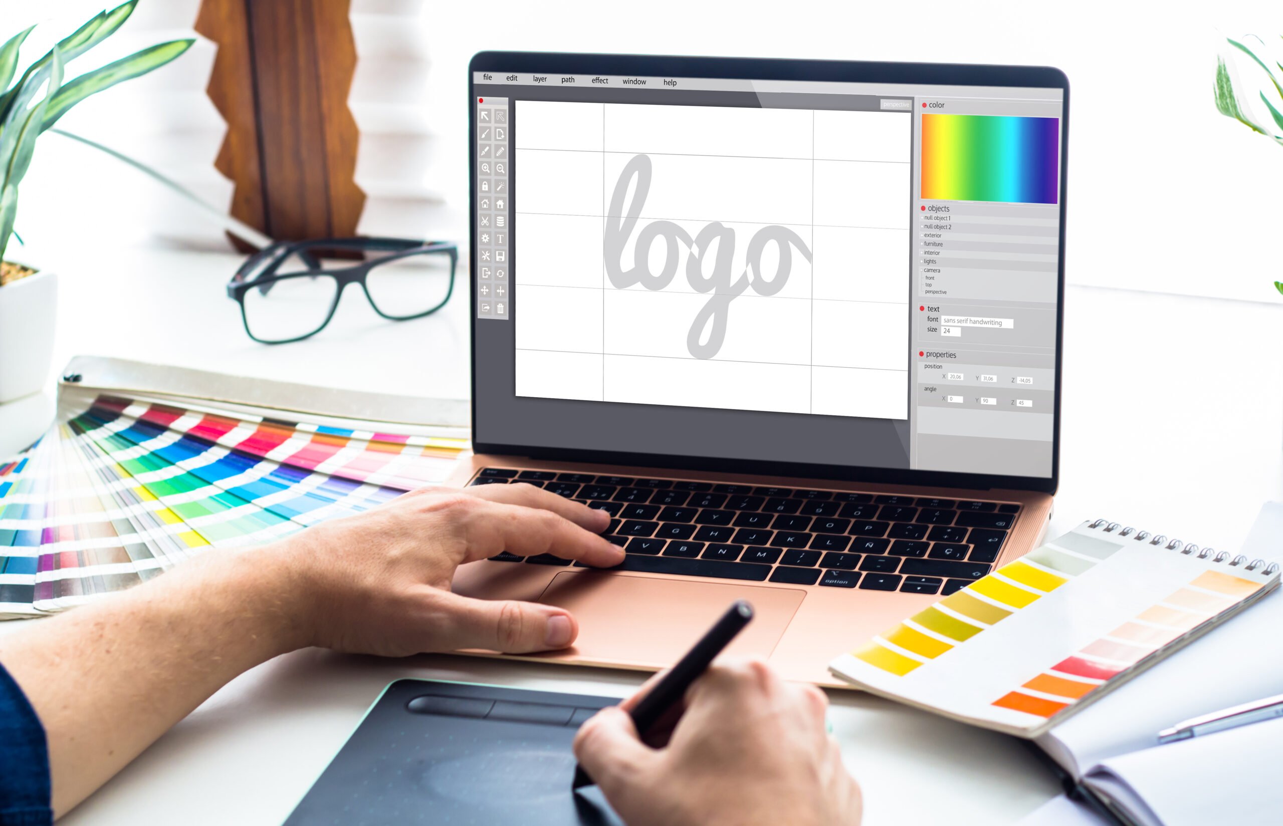 Graphic design desktop Graphic design desktop with laptop and tools